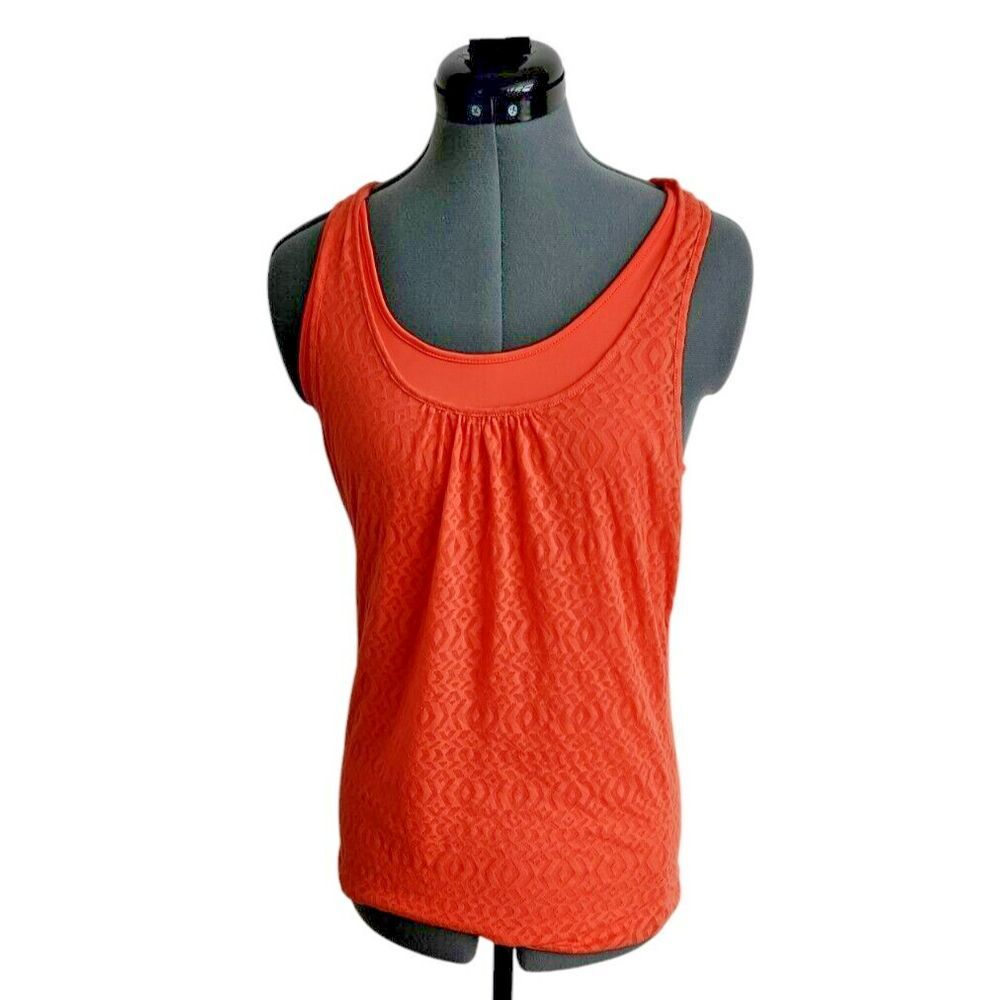 Prana Women Coral Orange Geometric Burnout Racerback Tank Top with Shelf Bra S